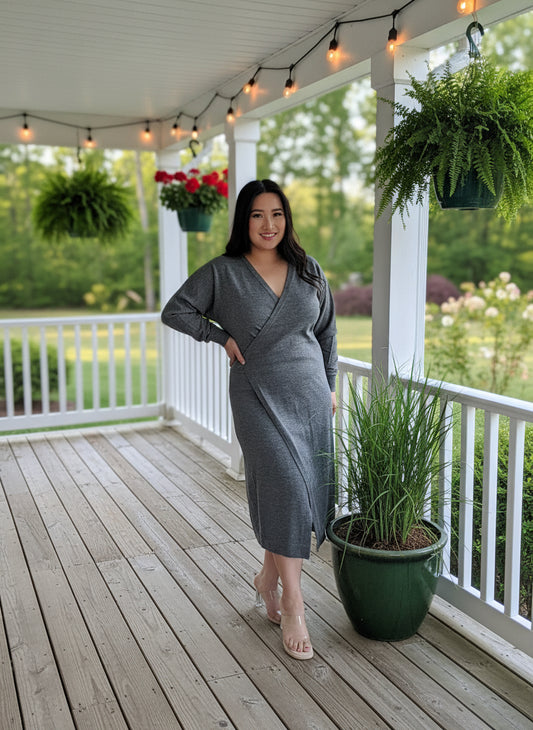 D818 - Charcoal Knit Tie Wrap Midi Dress