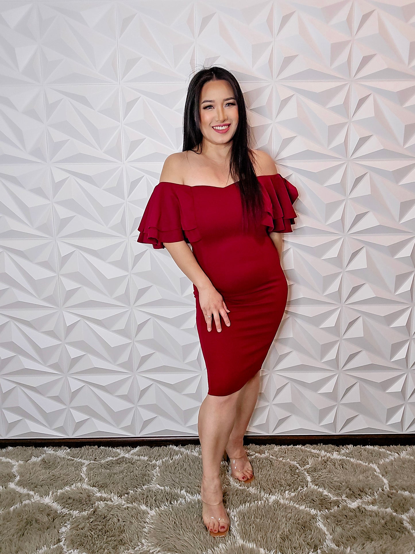 D397 - Burgundy Off Shoulder Ruffle Sleeve Mini Dress