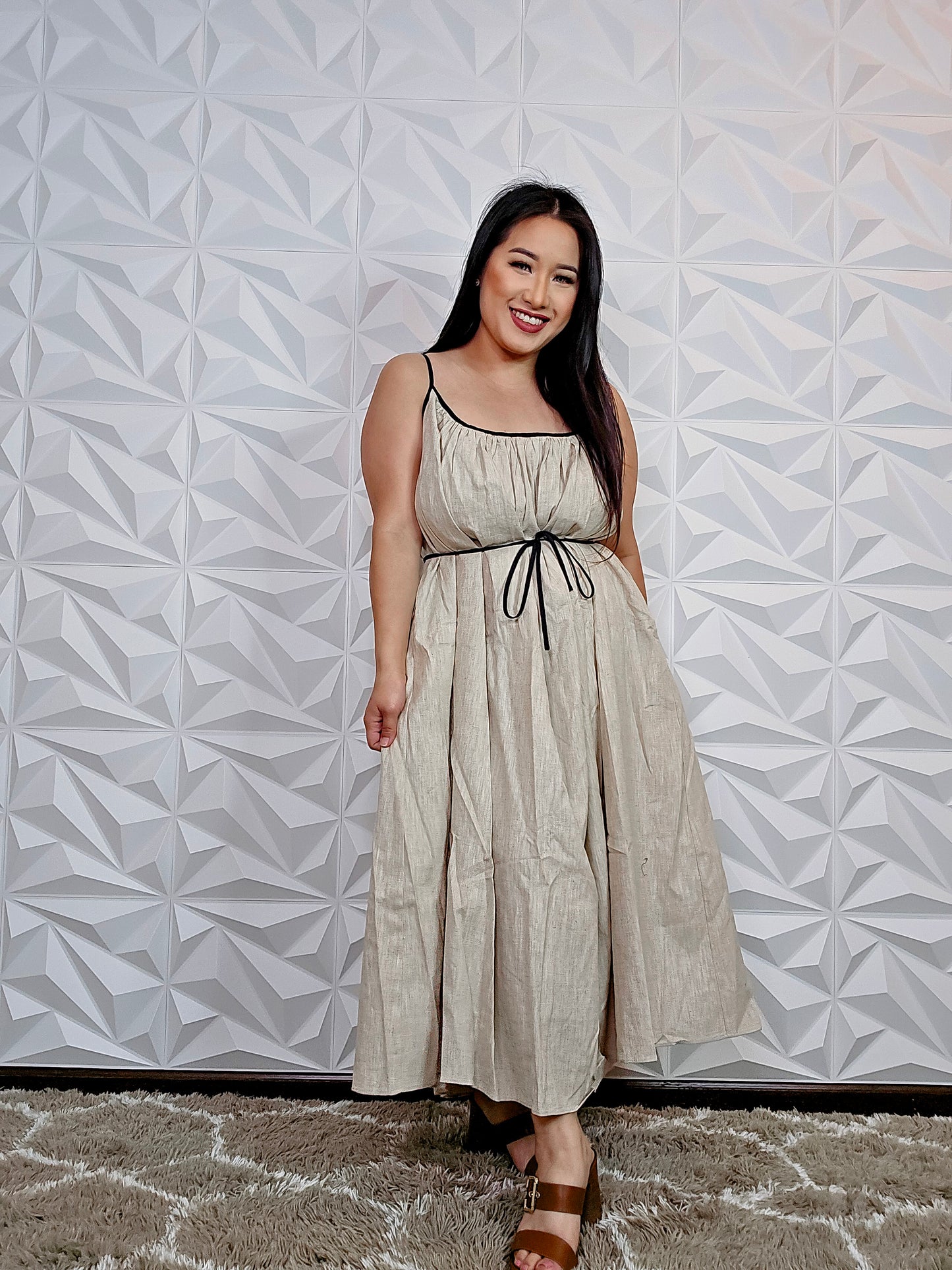 D298 - Beige Linen Cami Long Oversized Dress