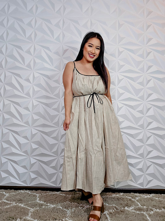 D298 - Beige Linen Cami Long Oversized Dress