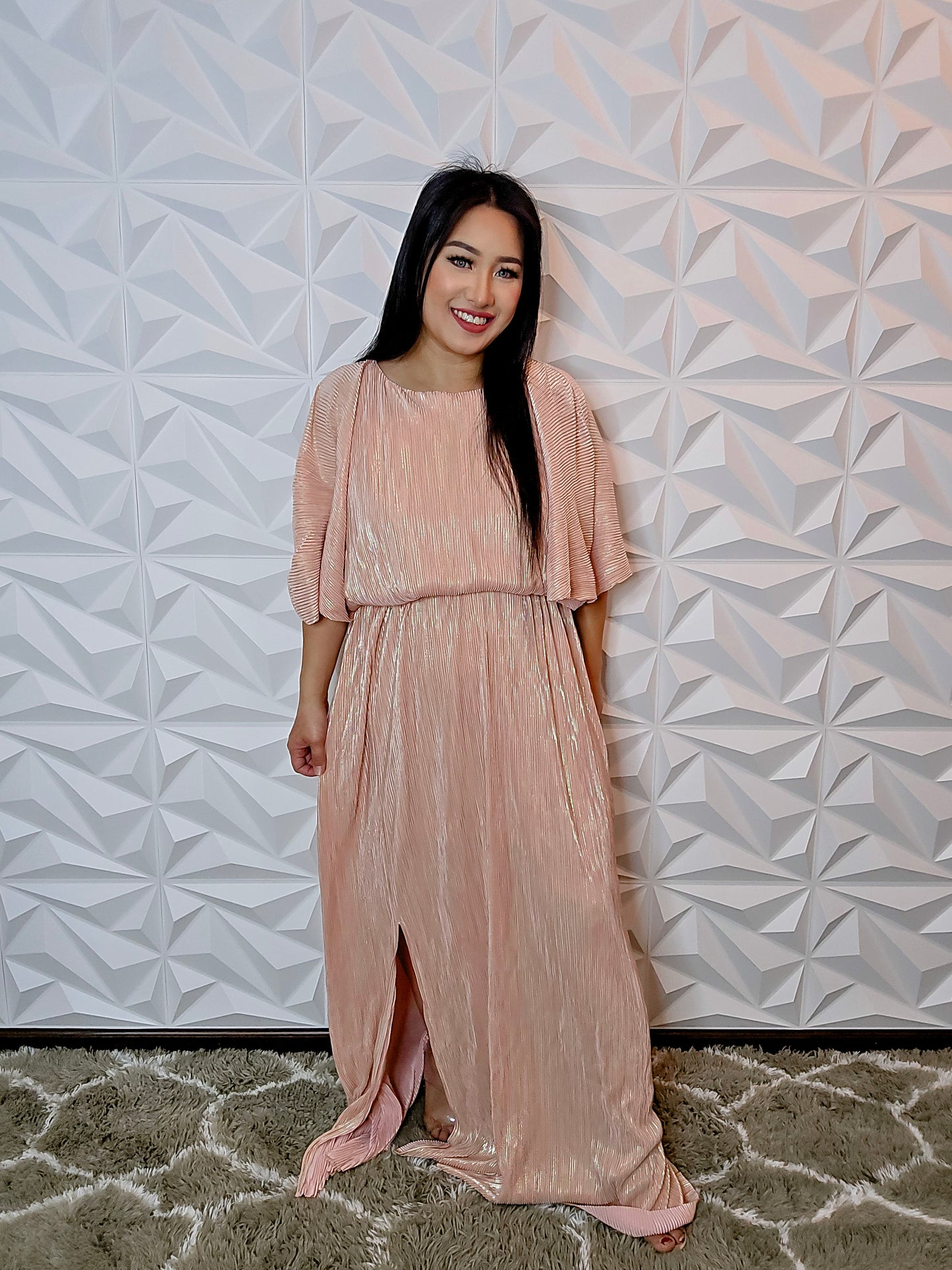 D389 - Shimmery Short Sleeve Slit Maxi Dress (PINK GOLD)