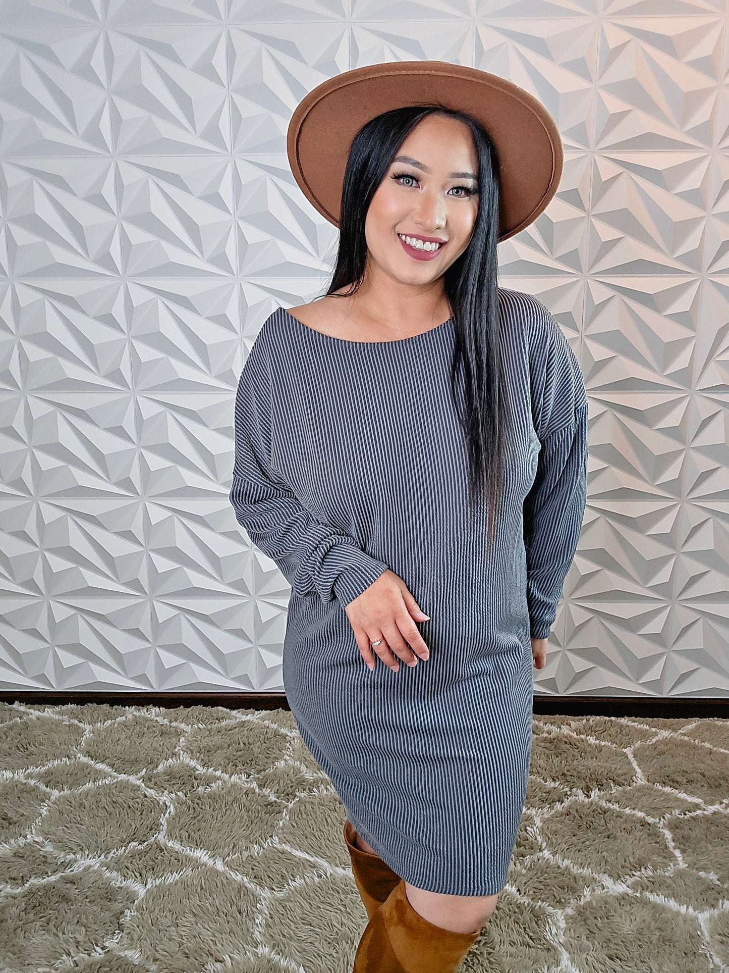 D365 - Boatneck On-Off Shoulder Ribbed Dress (GREY)