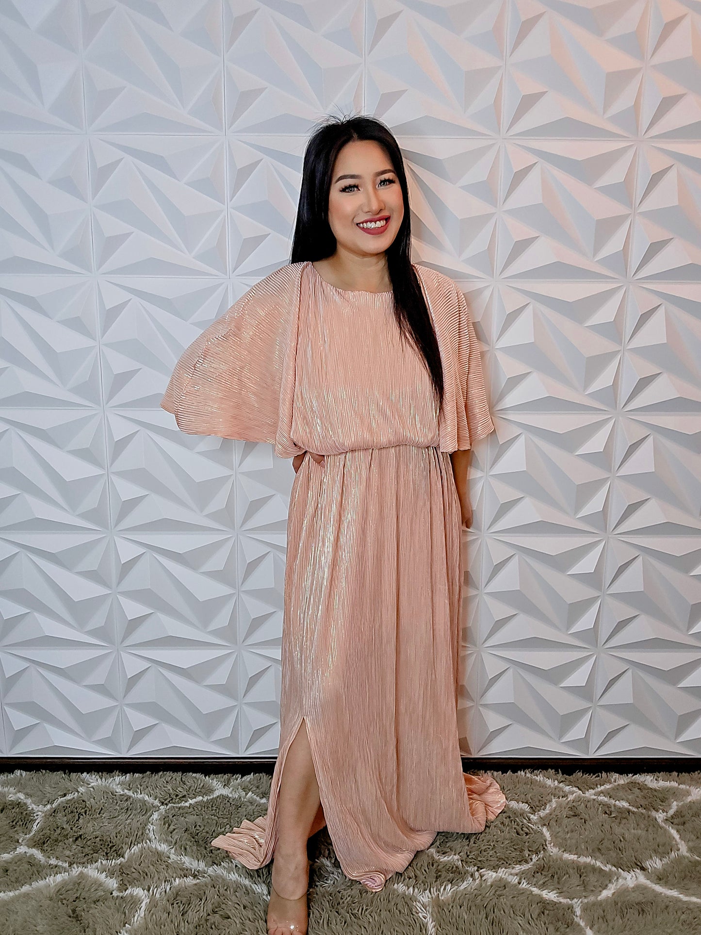 D389 - Shimmery Short Sleeve Slit Maxi Dress (PINK GOLD)