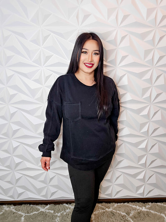 T688 - French Terry Pocket Oversized Top (BLACK)