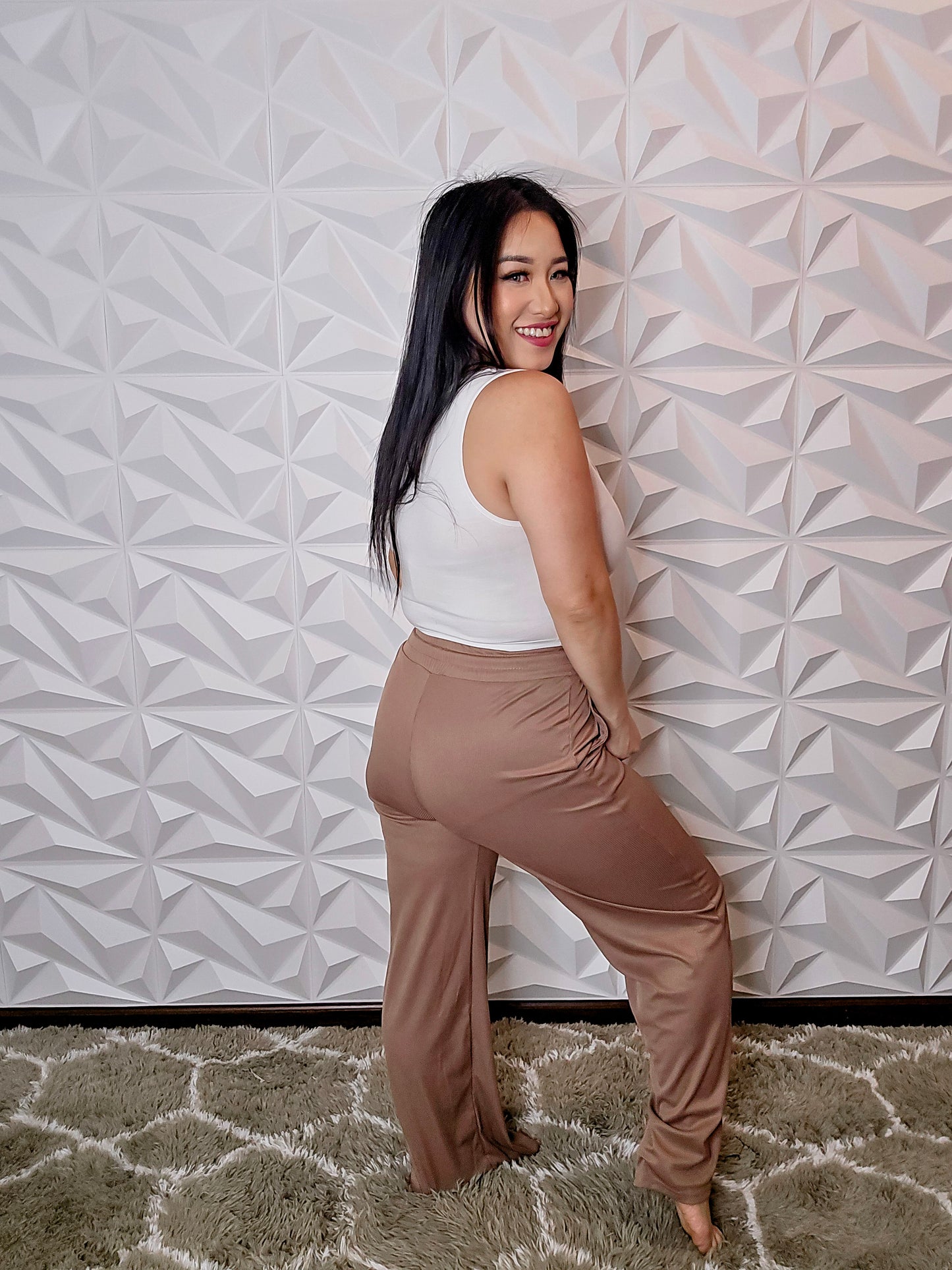 B153 - Ribbed Drawstring Wide Leg Pants (TAUPE)