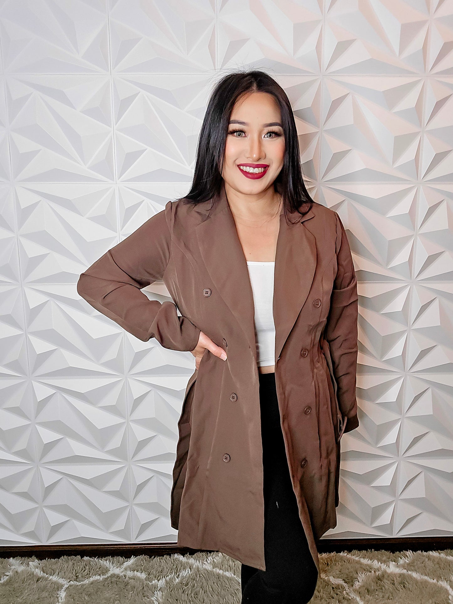 J135 - Loose Belted Blazer Jacket (BROWN)