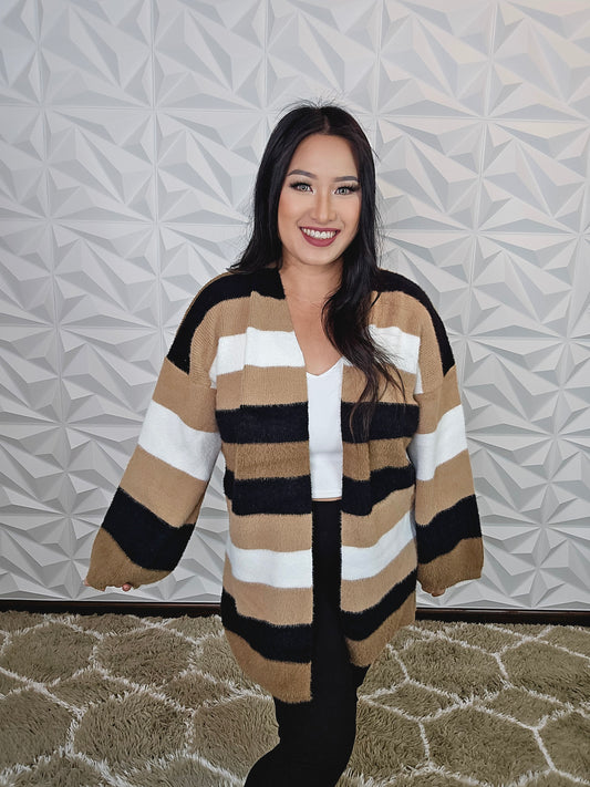 T601 - Mocha Stripe Cozy Sweater Cardigan