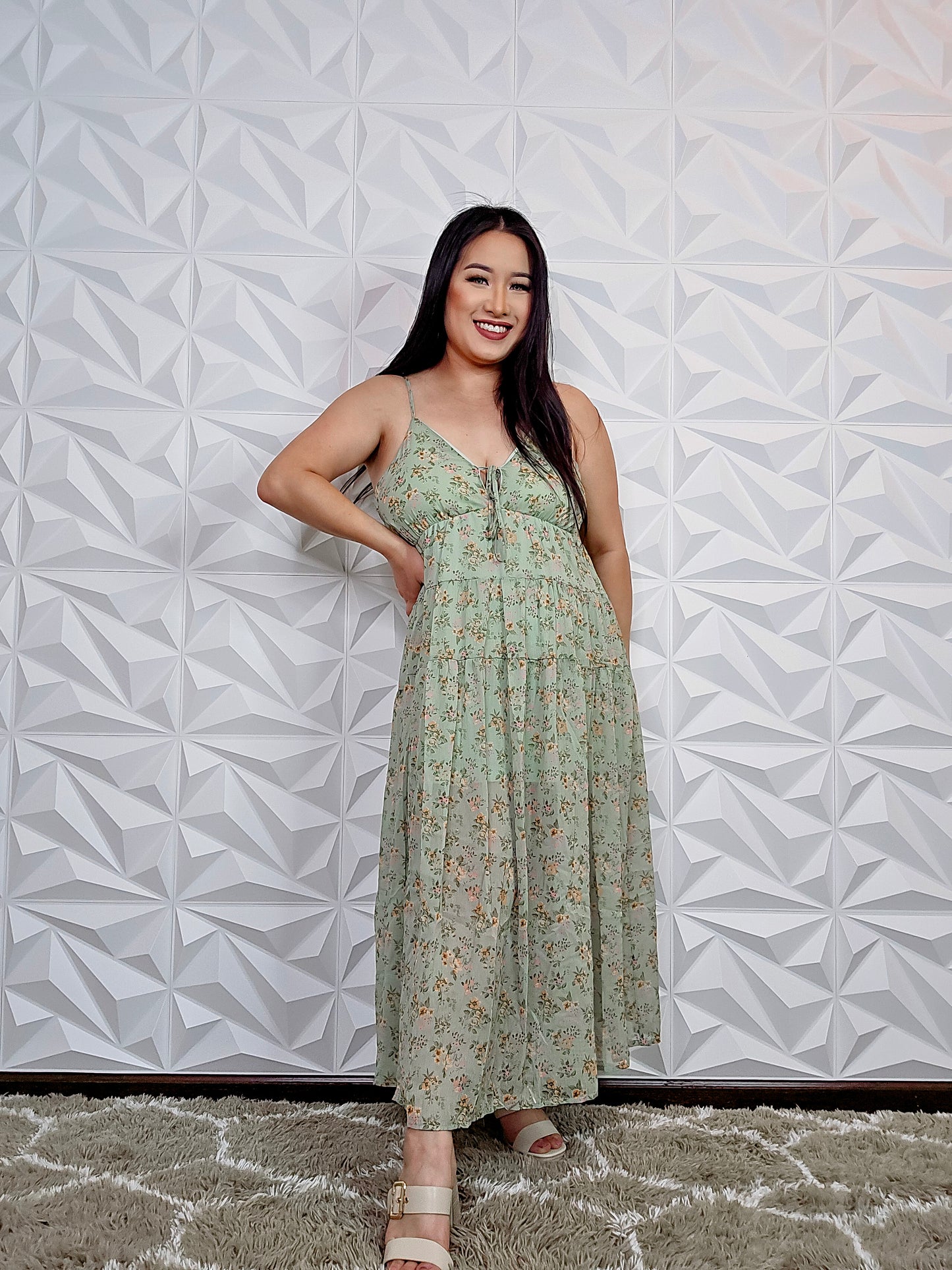 D321 - Sage Floral Sleeveless V-Neck Tiered Midi Dress