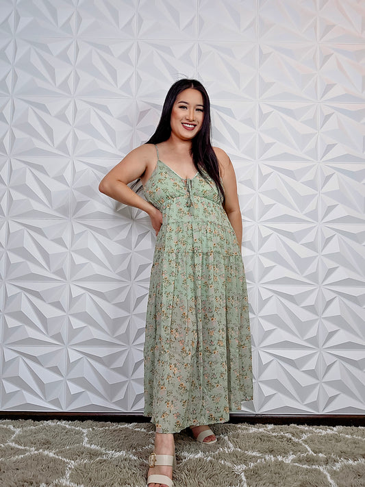 D321 - Sage Floral Sleeveless V-Neck Tiered Midi Dress