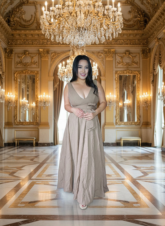 D750 - Premium V-Neck Waist Ribbon Flared Maxi Dress (MOCHA)