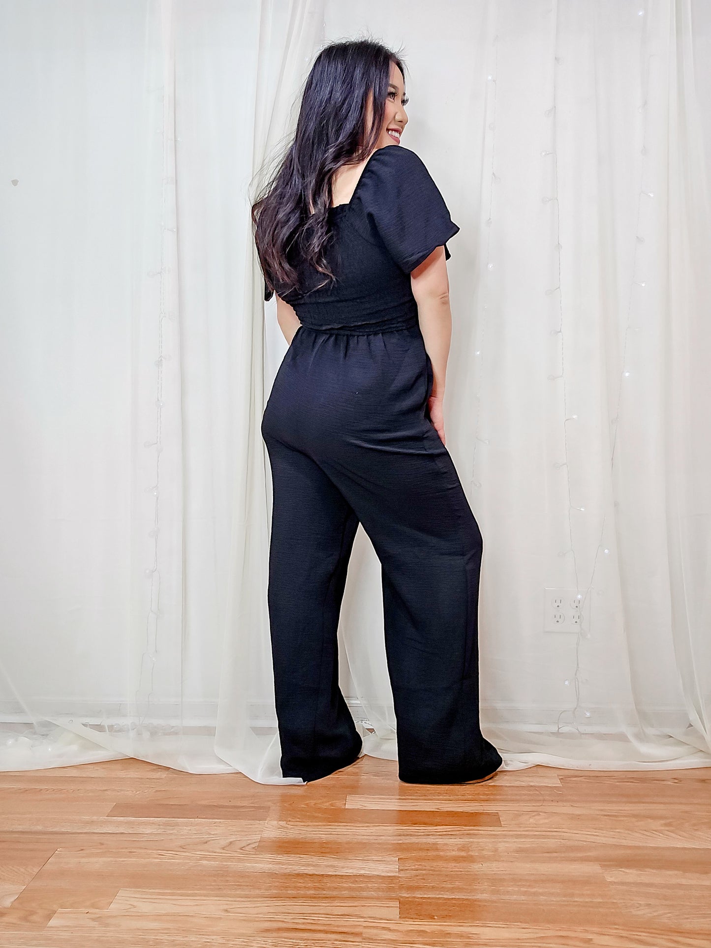 O19 - Flutter Sleeve Smocked Jumpsuit (BLACK)