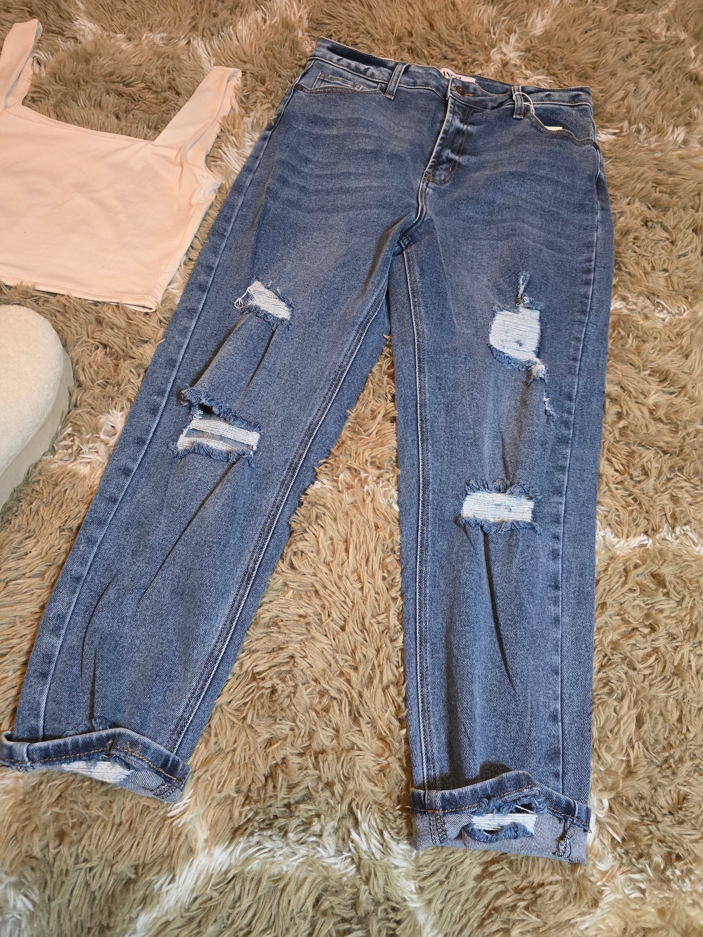 B154 - Medium Blue Destroyed Boyfriend Denim Jeans