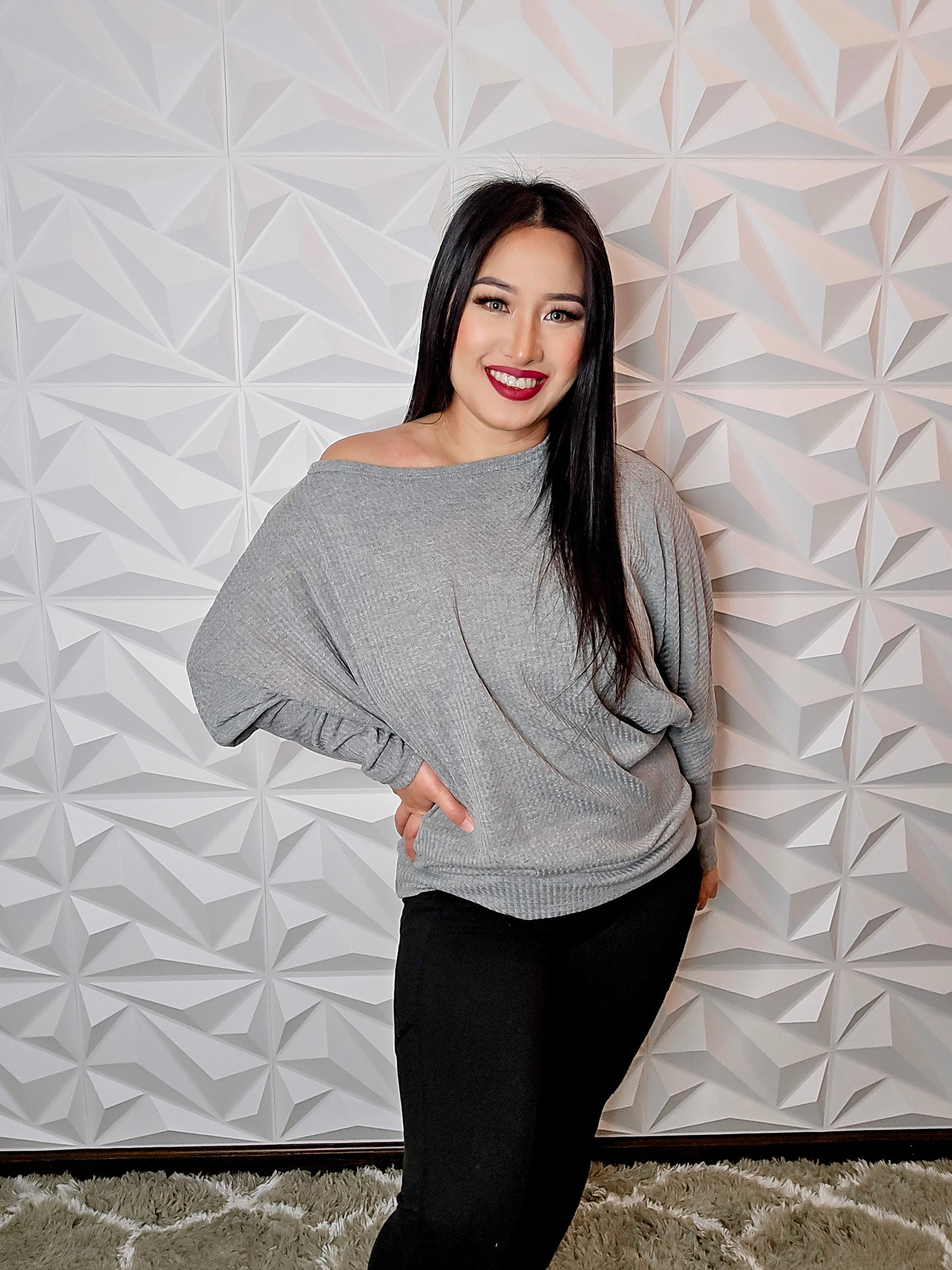 T681 - Wide Neck Loose Fit Waffle Sweater (H. GREY)