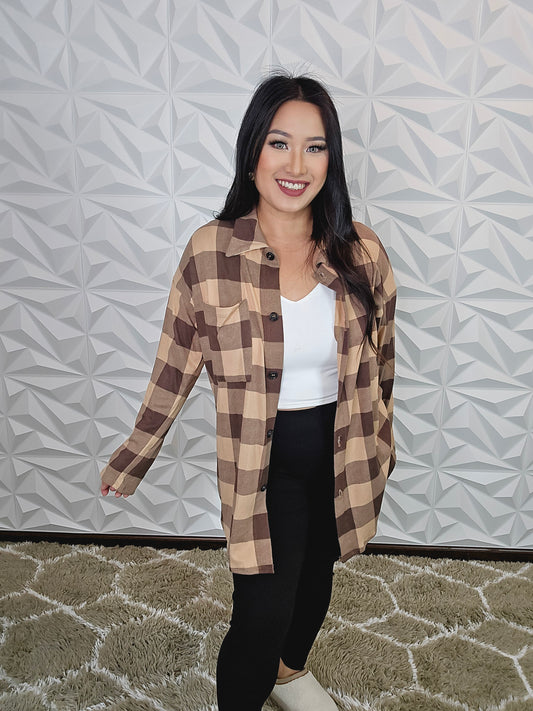 T617 - Taupe Cashmere Checker Collar Button Up Top