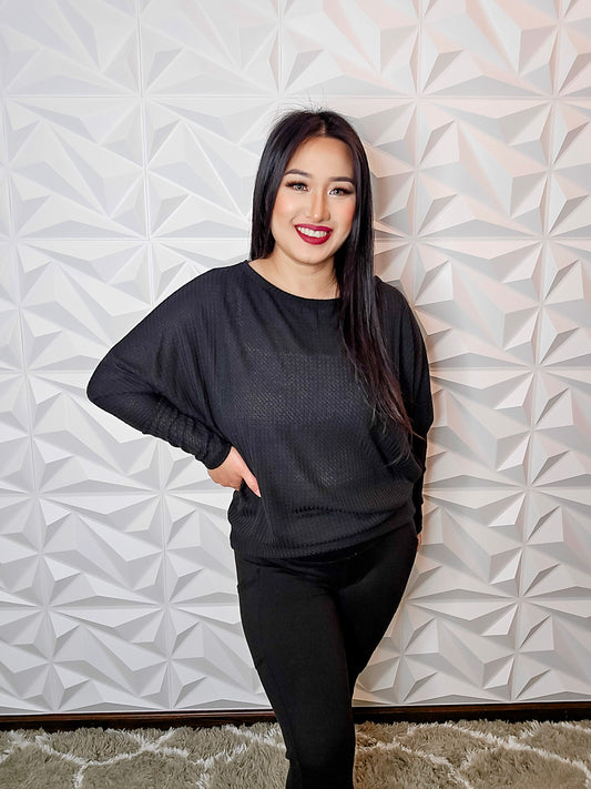 T681 - Wide Neck Loose Fit Waffle Sweater (BLACK)