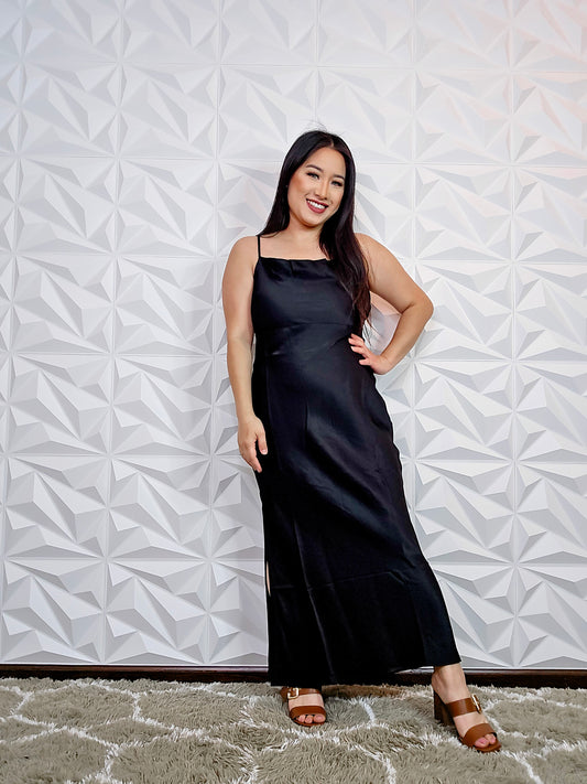 D335 - Cowl Neck Satin Slip Dress (Black)