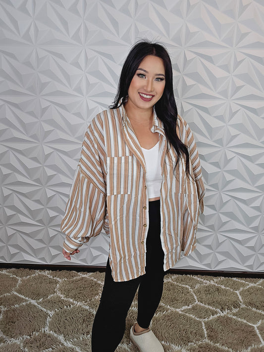 T606 - Taupe Oversized Stripe Button Down Shirt