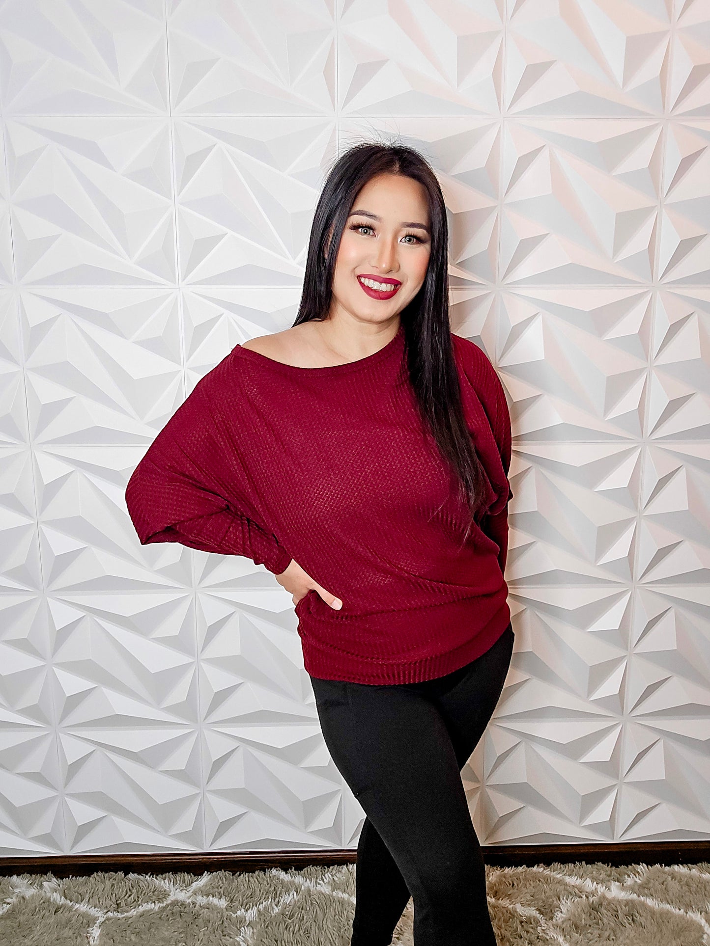 T681 - Wide Neck Loose Fit Waffle Sweater (BURGUNDY)