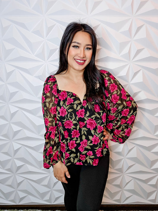 T628 - Fuchsia Black Floral Sweetheart Long Sleeve Blouse