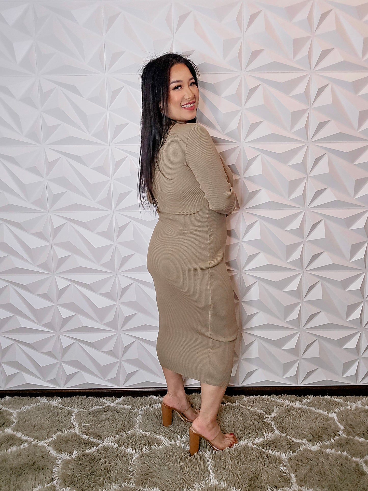 D400 - Mock Neck Sweater Ribbed Knit Midi Dress (TAUPE)