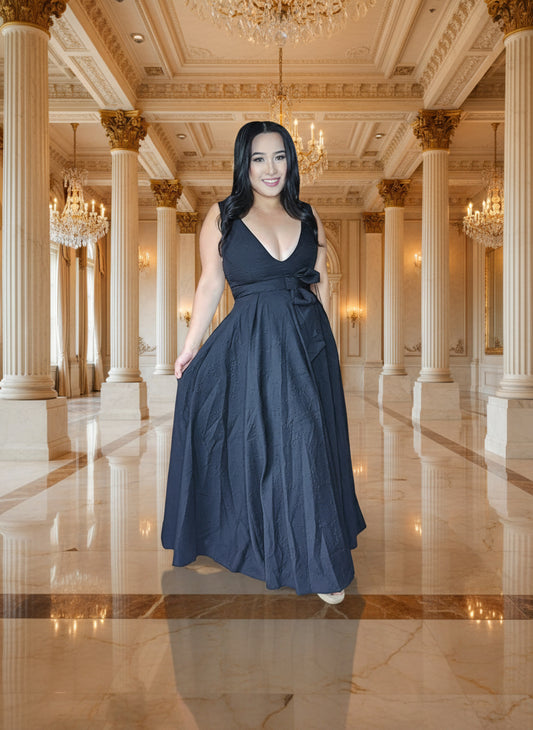 D750 - Premium V-Neck Waist Ribbon Flared Maxi Dress (BLACK)