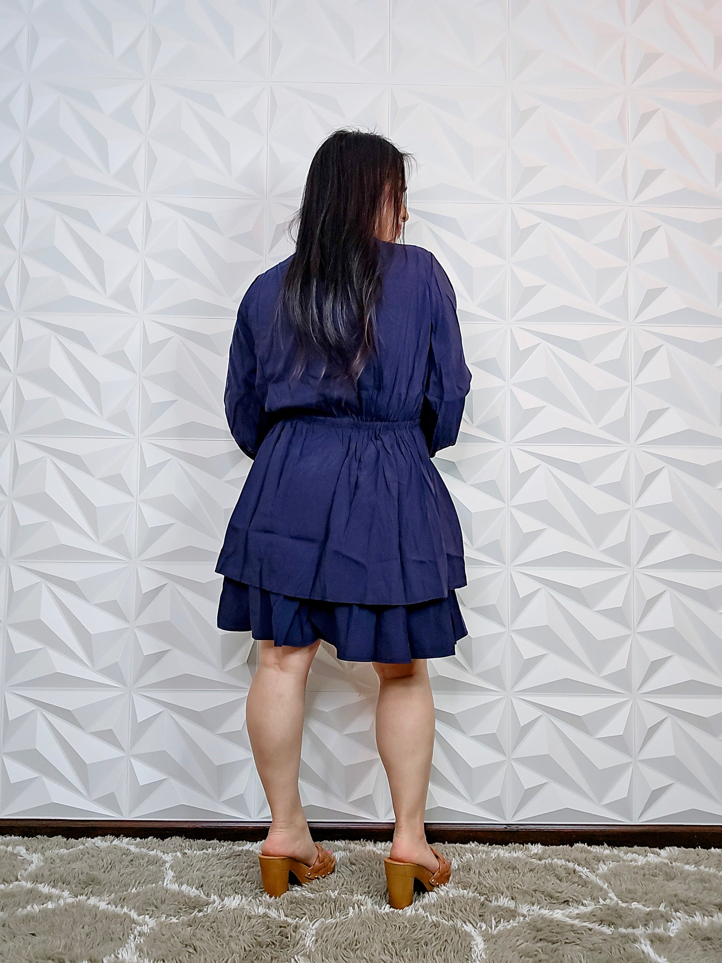 D311 - Navy Long Sleeve Solid Woven Dress