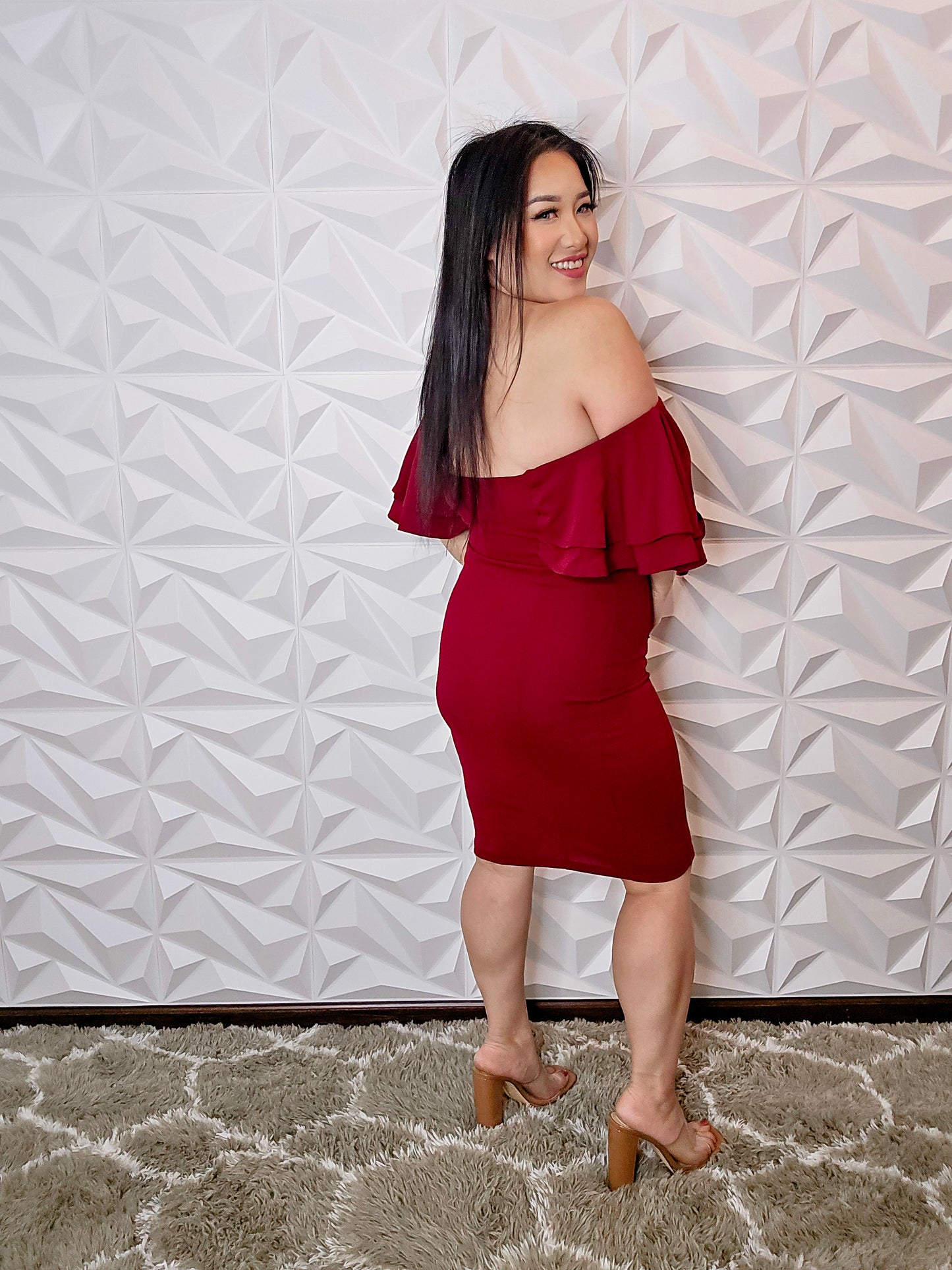 D397 - Burgundy Off Shoulder Ruffle Sleeve Mini Dress