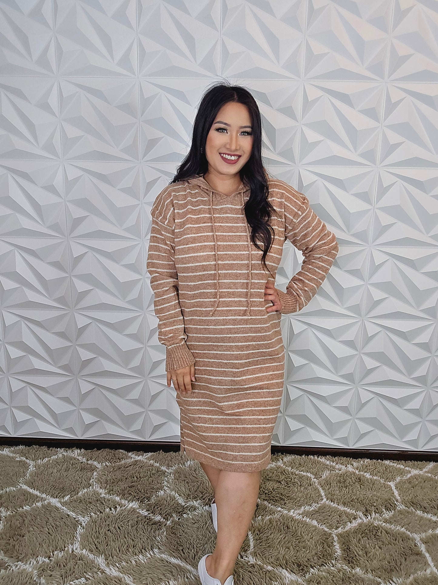 D366 - Stripe Long Sleeve Hoodie Midi Dress (TAUPE)