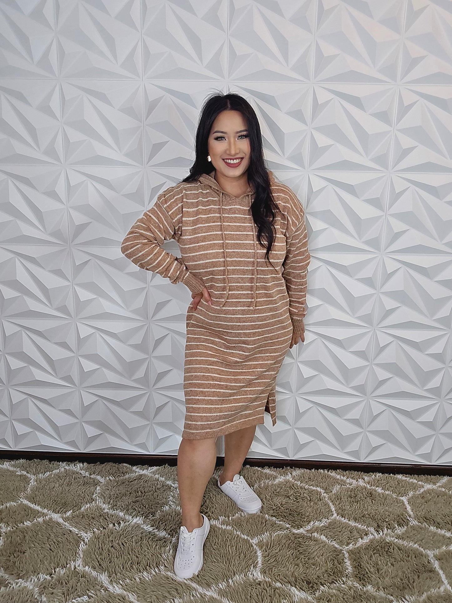 D366 - Stripe Long Sleeve Hoodie Midi Dress (TAUPE)