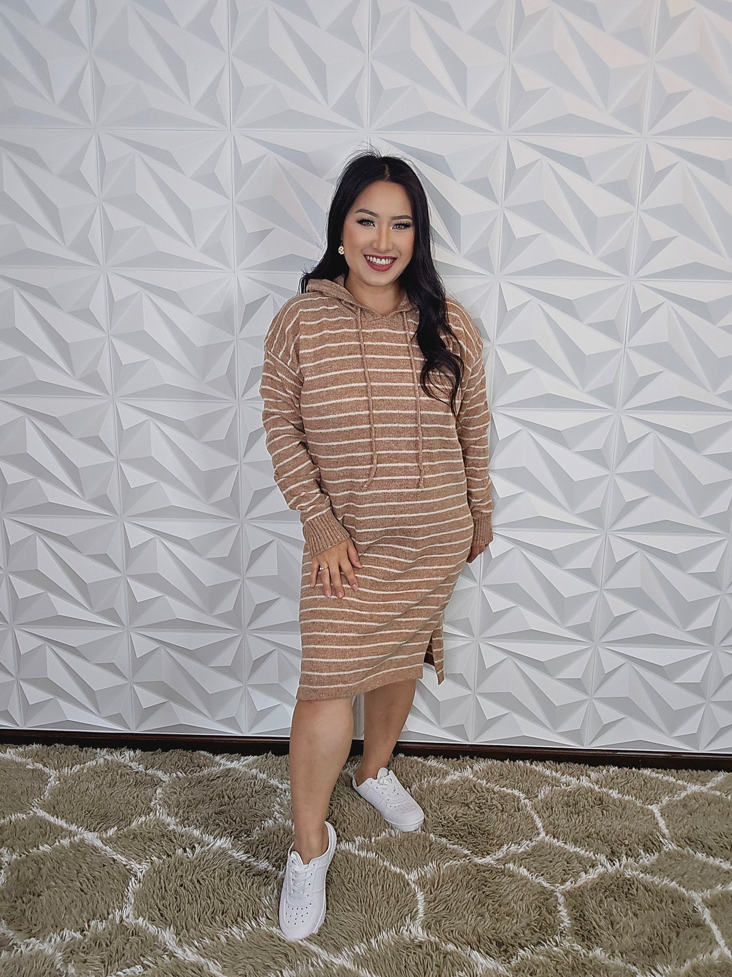 D366 - Stripe Long Sleeve Hoodie Midi Dress (TAUPE)