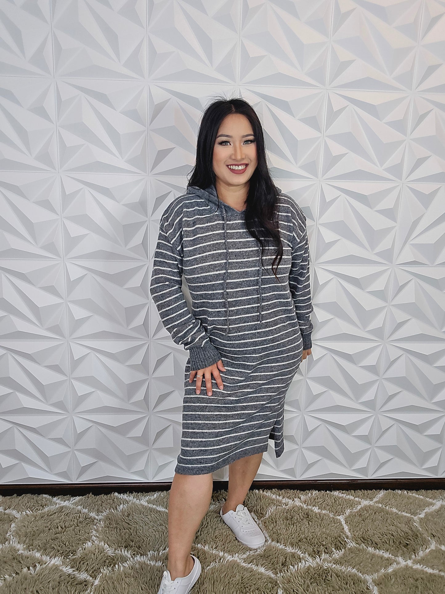 D366 - Stripe Long Sleeve Hoodie Midi Dress (GREY)