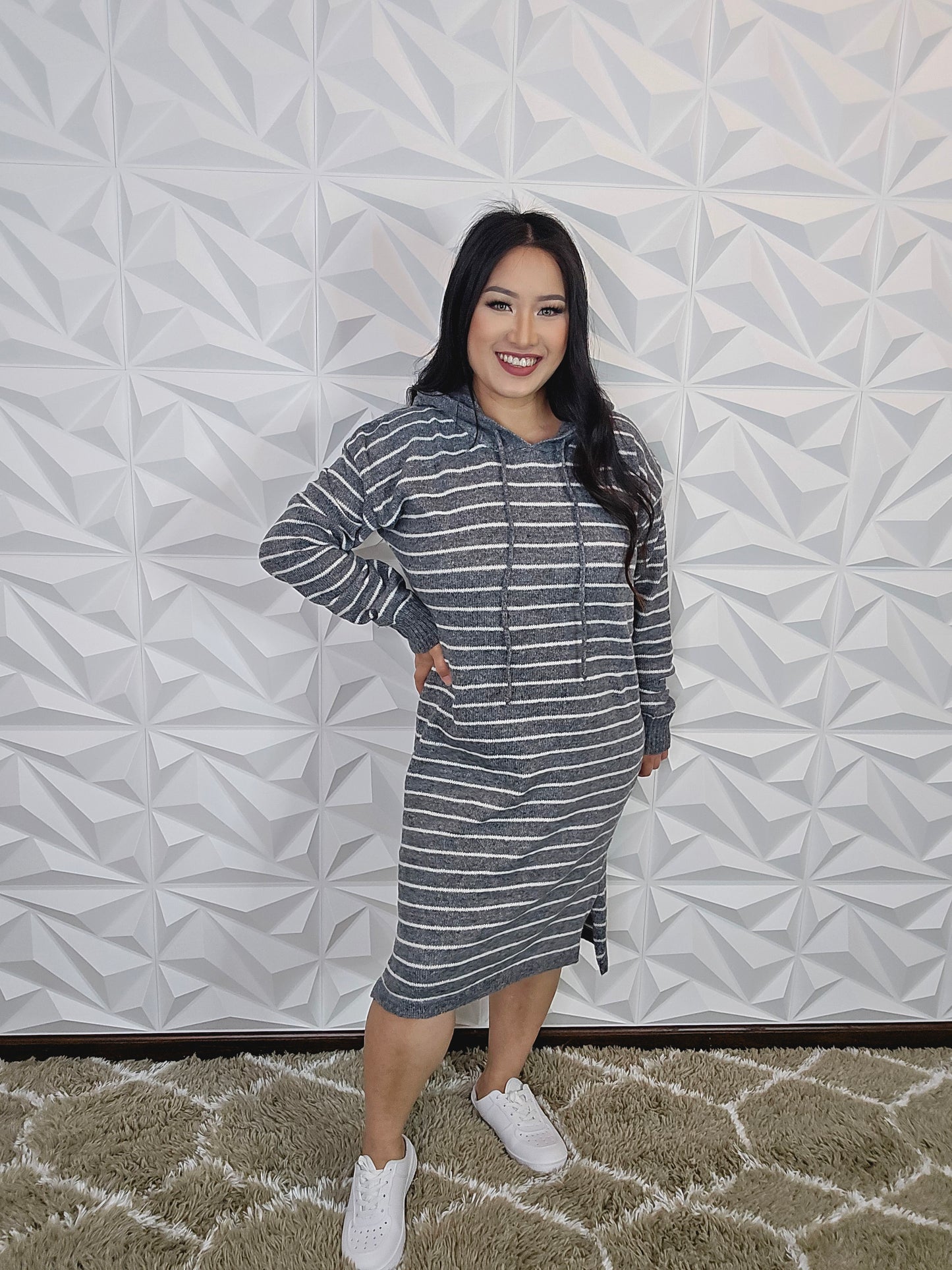 D366 - Stripe Long Sleeve Hoodie Midi Dress (GREY)