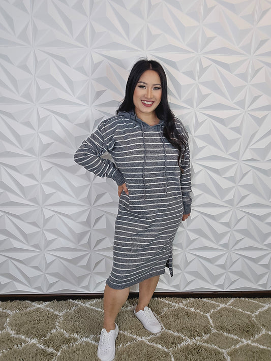 D366 - Stripe Long Sleeve Hoodie Midi Dress (GREY)