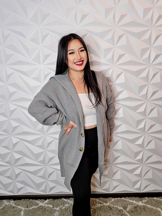 T666 - Premium Button Oversized Midi Sweater Cardigan (GREY)