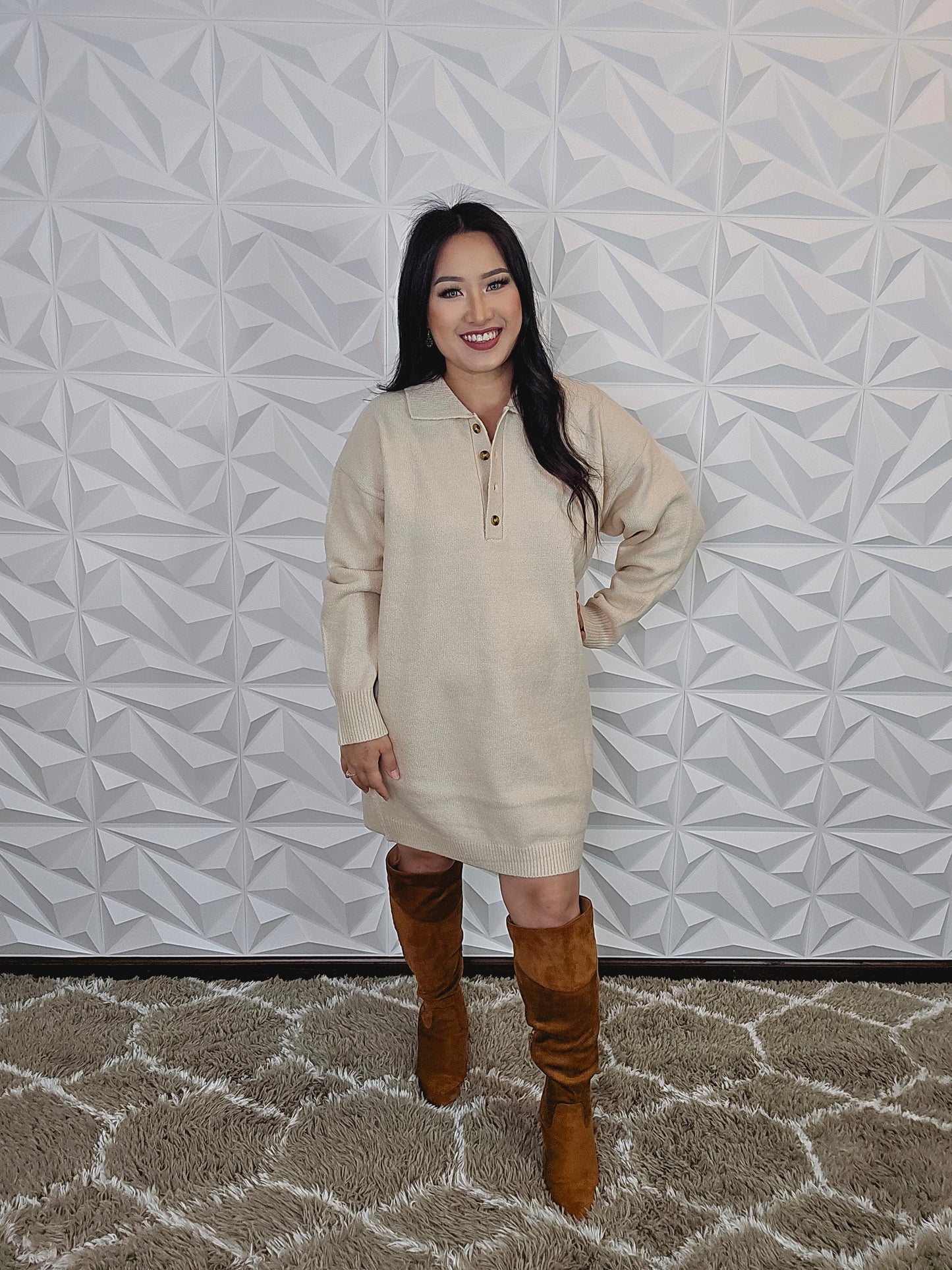 D371 - Collared Long Sleeve Midi Sweater Dress (OATMEAL)