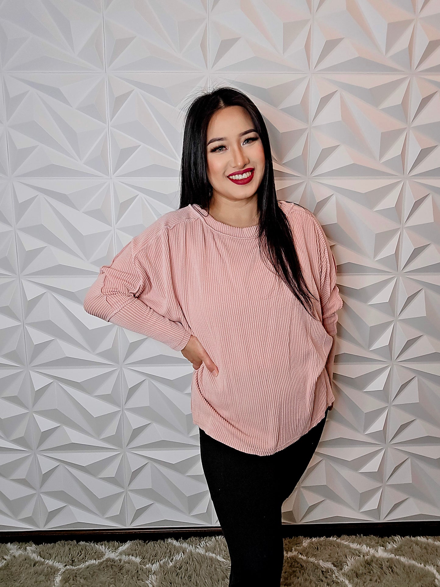 T698 - Long Sleeve Loose Fit Crewneck Sweater (BLUSH)