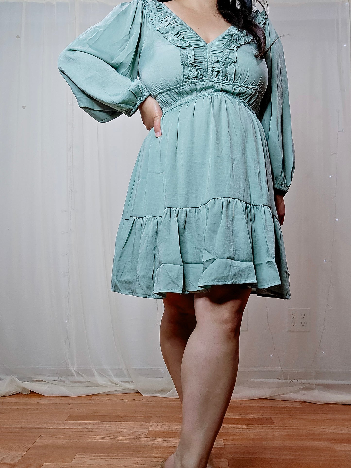 D239 - Sage Ruffle V-Neck Long Sleeve Mini Dress