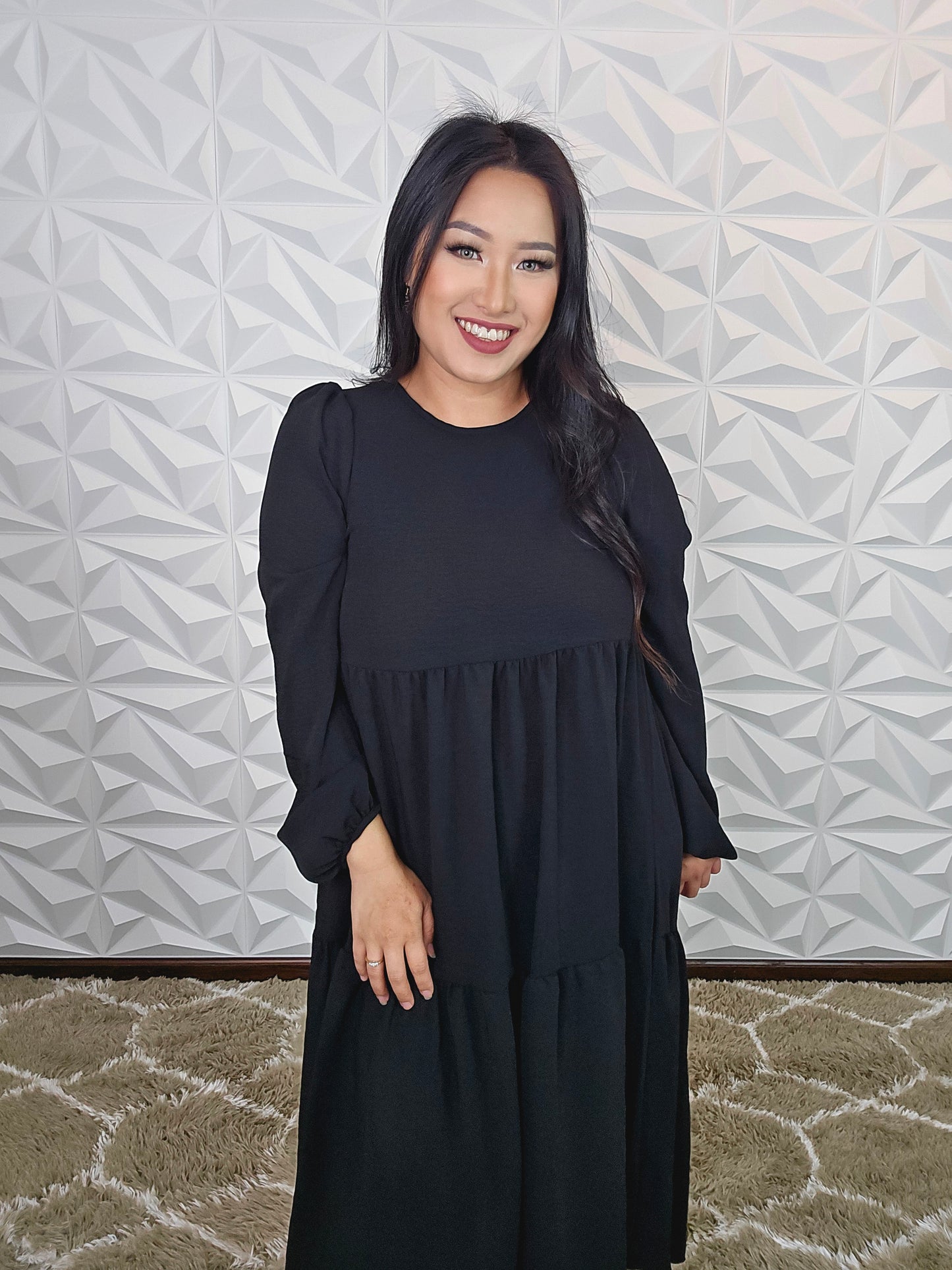 D370 - Black Long Sleeve Tiered Hi-Low Midi Dress