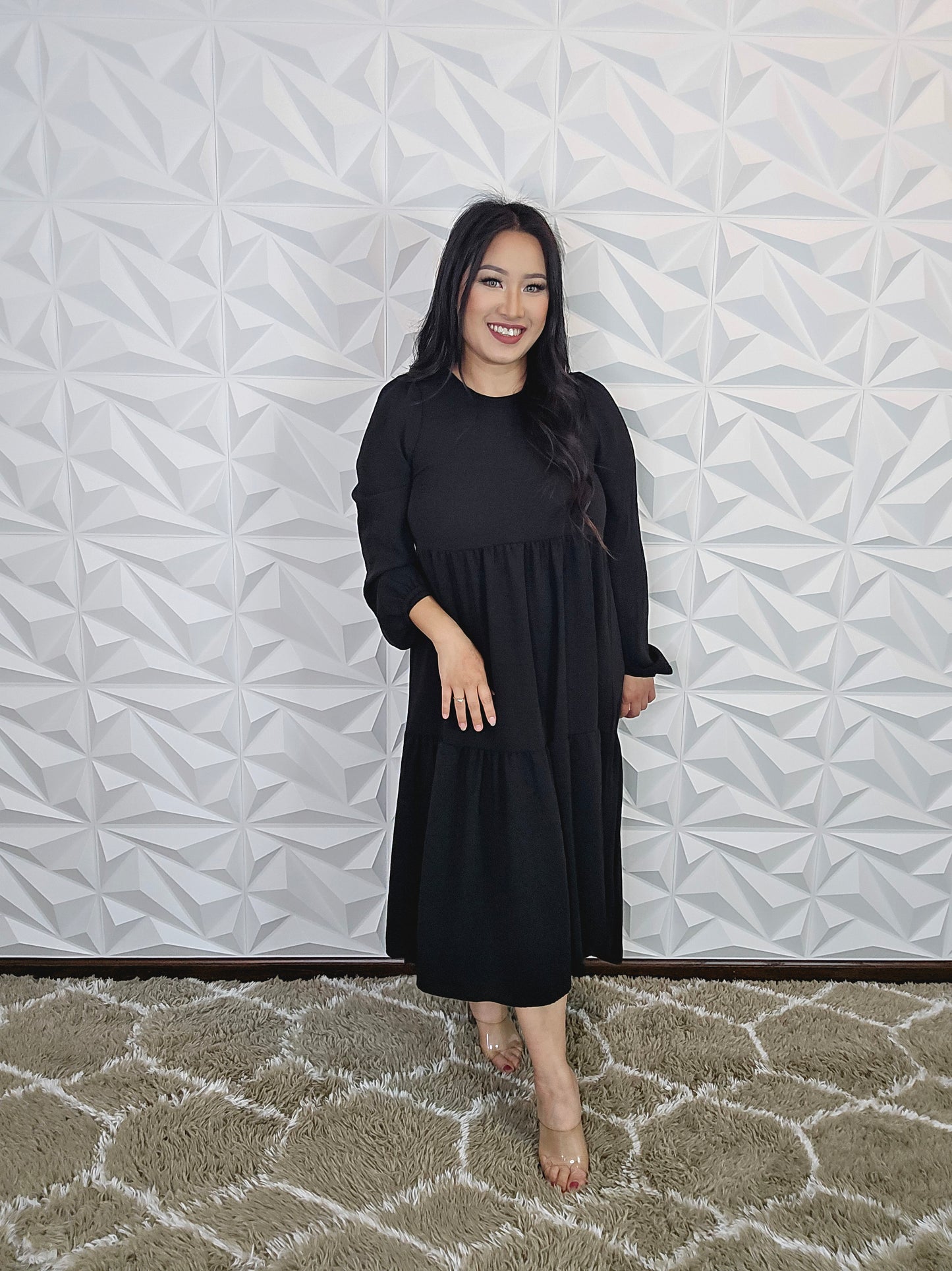 D370 - Black Long Sleeve Tiered Hi-Low Midi Dress