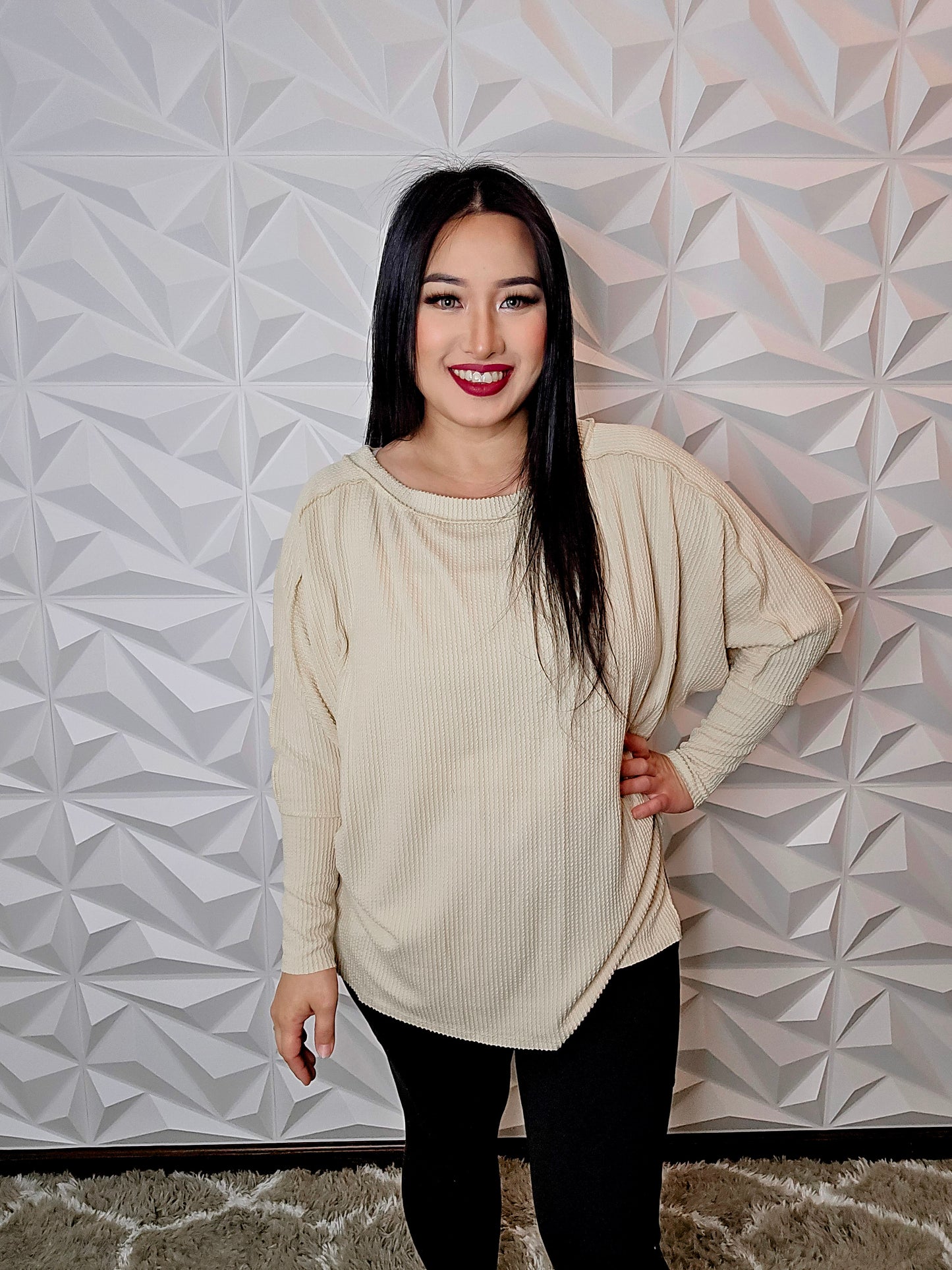 T698 - Long Sleeve Loose Fit Crewneck Sweater (CREAM)