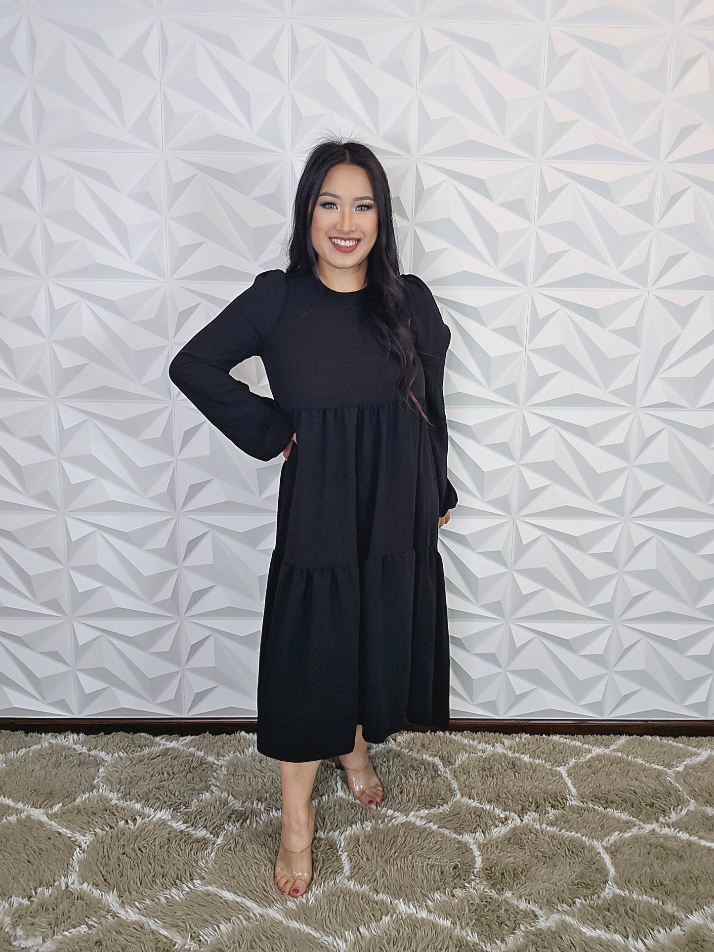 D370 - Black Long Sleeve Tiered Hi-Low Midi Dress