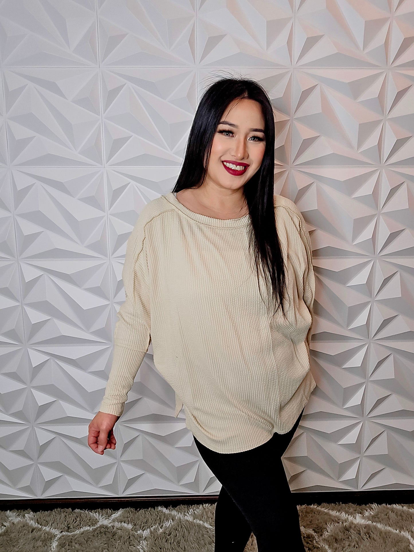 T698 - Long Sleeve Loose Fit Crewneck Sweater (CREAM)