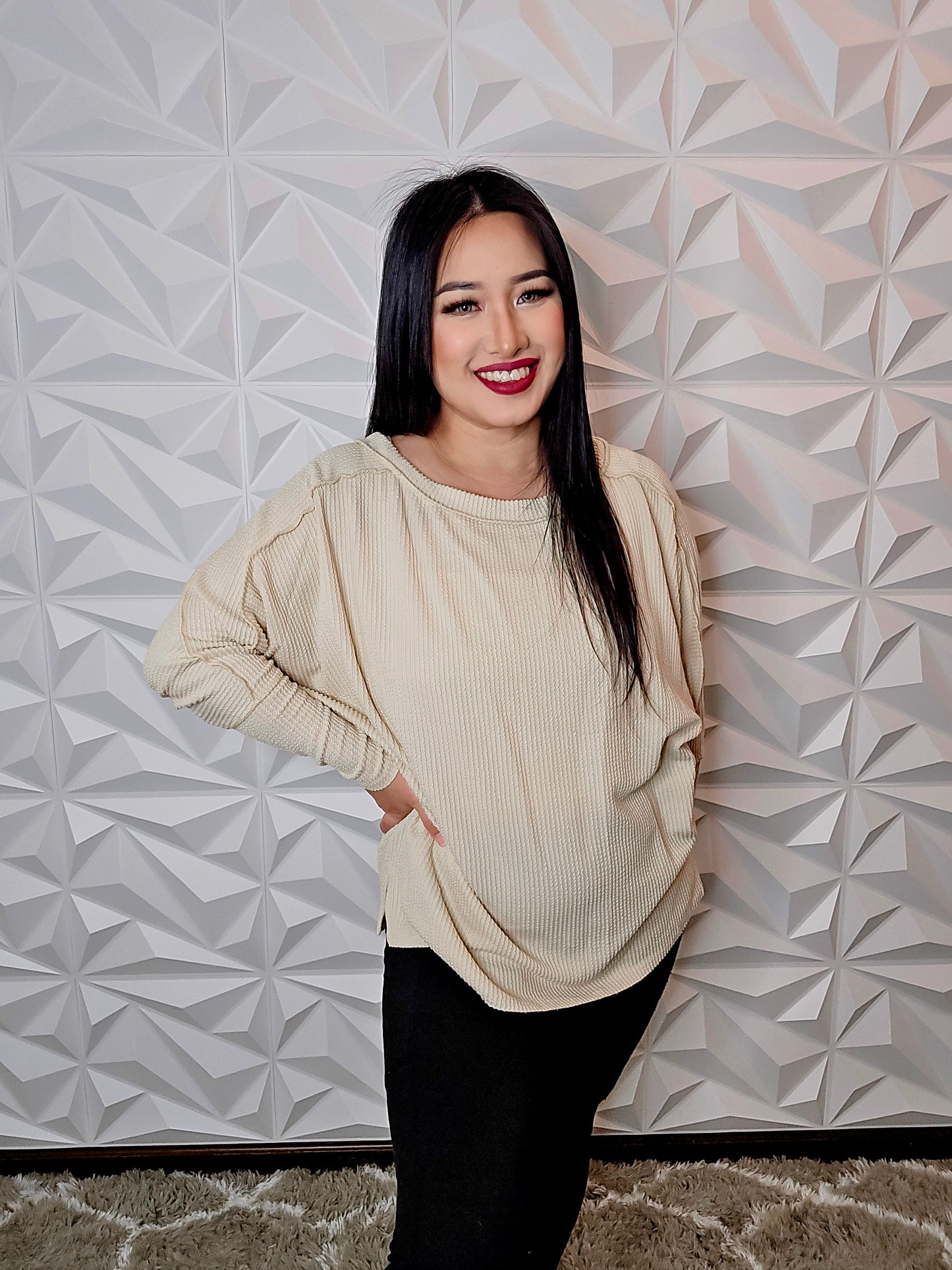 T698 - Long Sleeve Loose Fit Crewneck Sweater (CREAM)