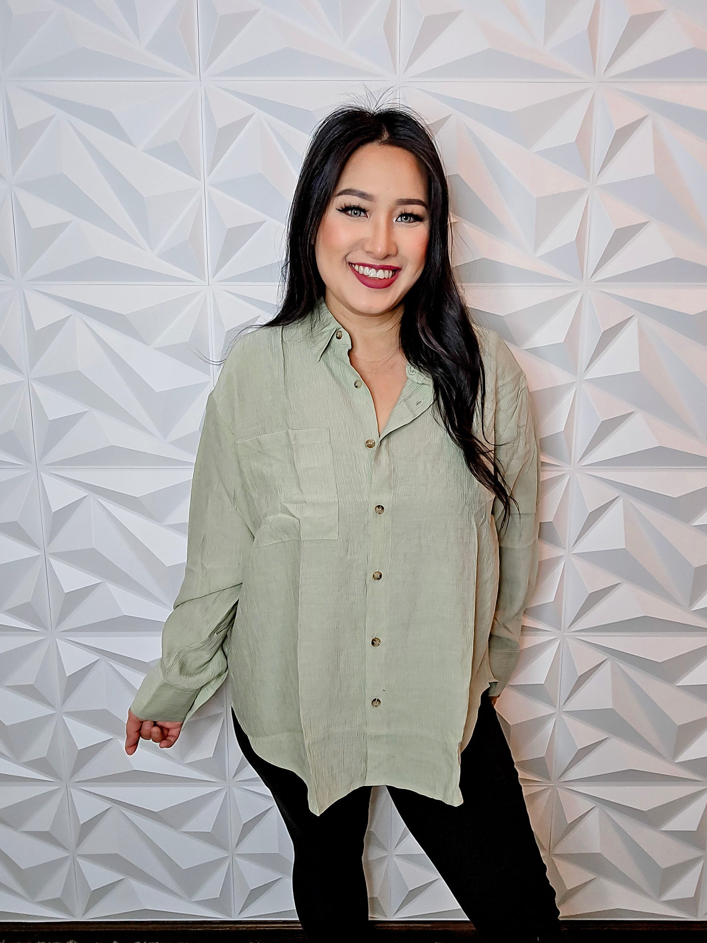 T635 - Textured Button Down Top (OLIVE)