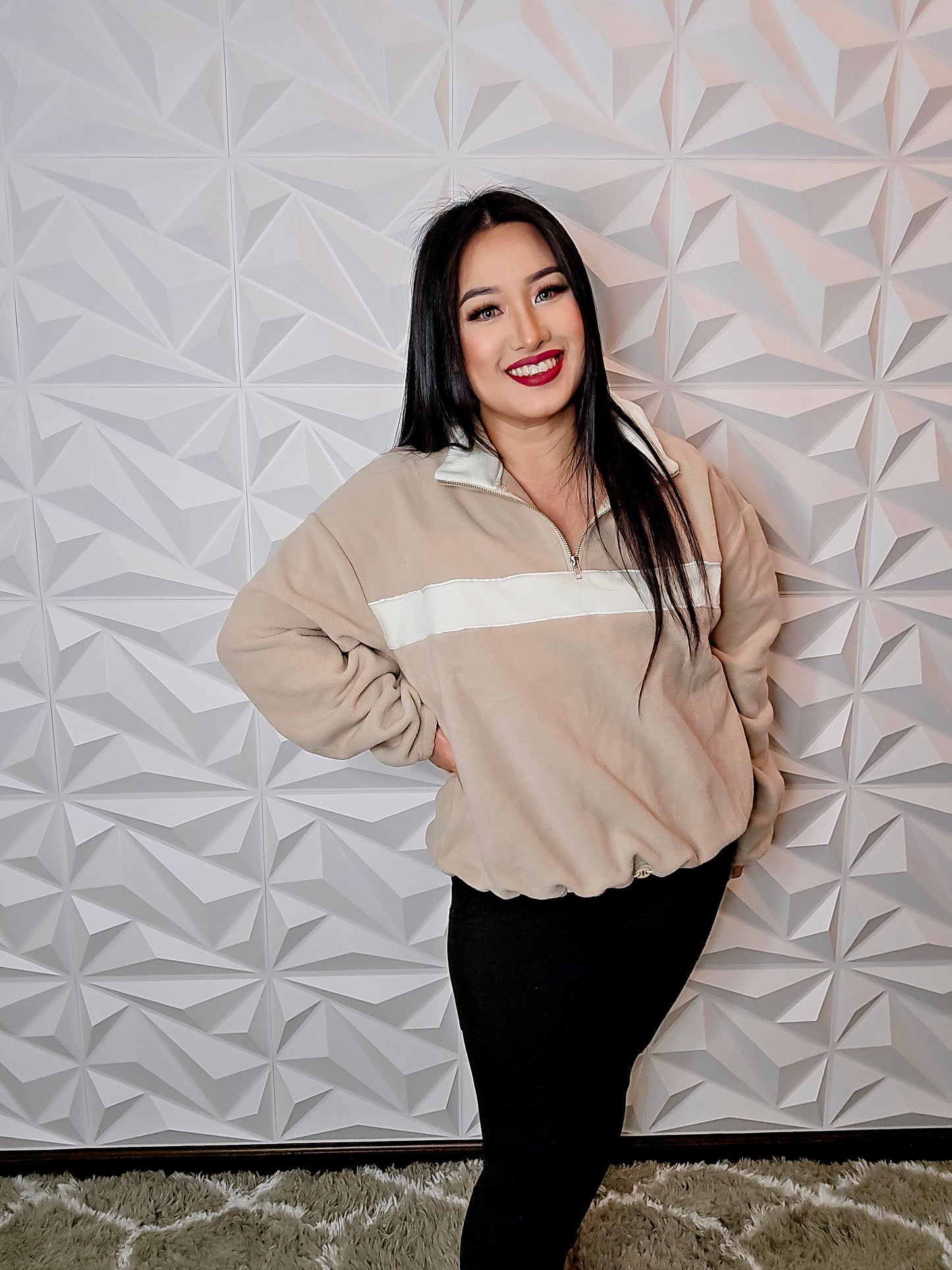 T710 - Fleece Color Block Half Zip Pullover Sweater (TAUPE)