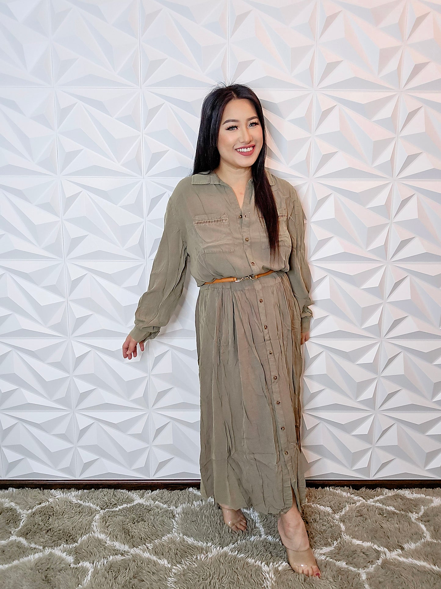 D392 - Long Sleeve Button Down Loose Midi Dress (OLIVE)