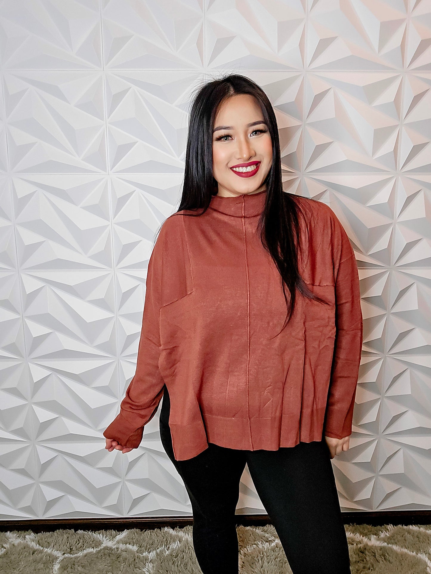 T707 - Mock Neck Side Slit Sweater (RUST)