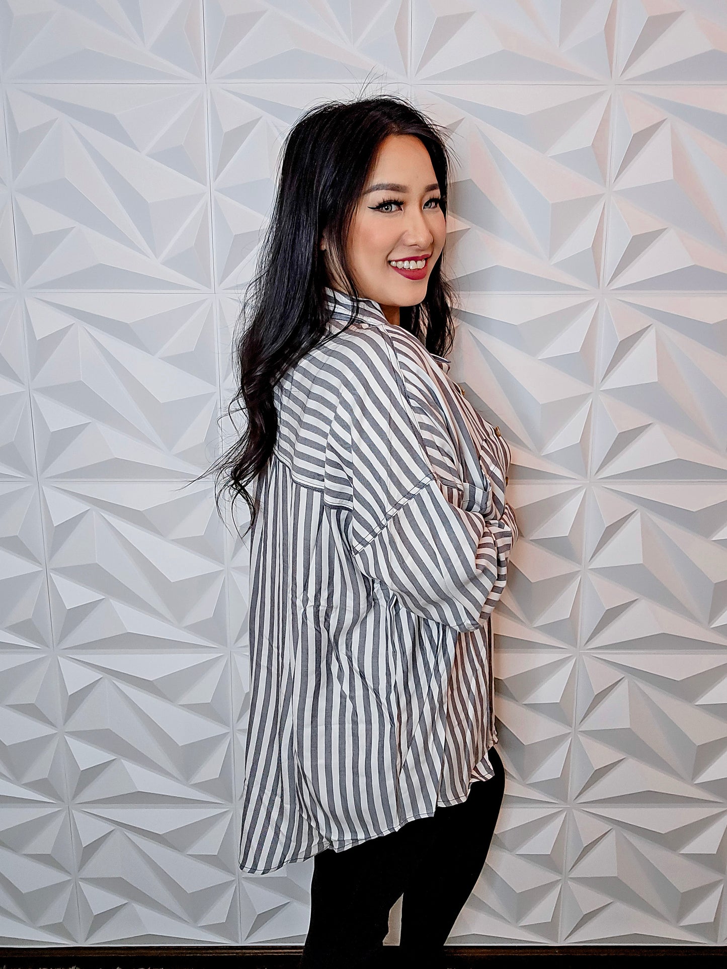 T631 - Stripe Button Down Long Sleeve Top (CHARCOAL)