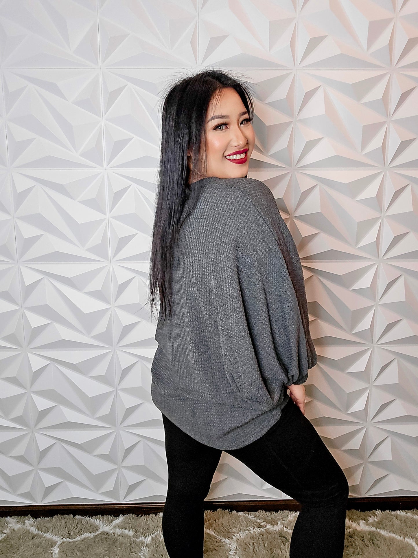 T679 - Charcoal V-Neck Oversize Wide Sleeve Knit Sweater