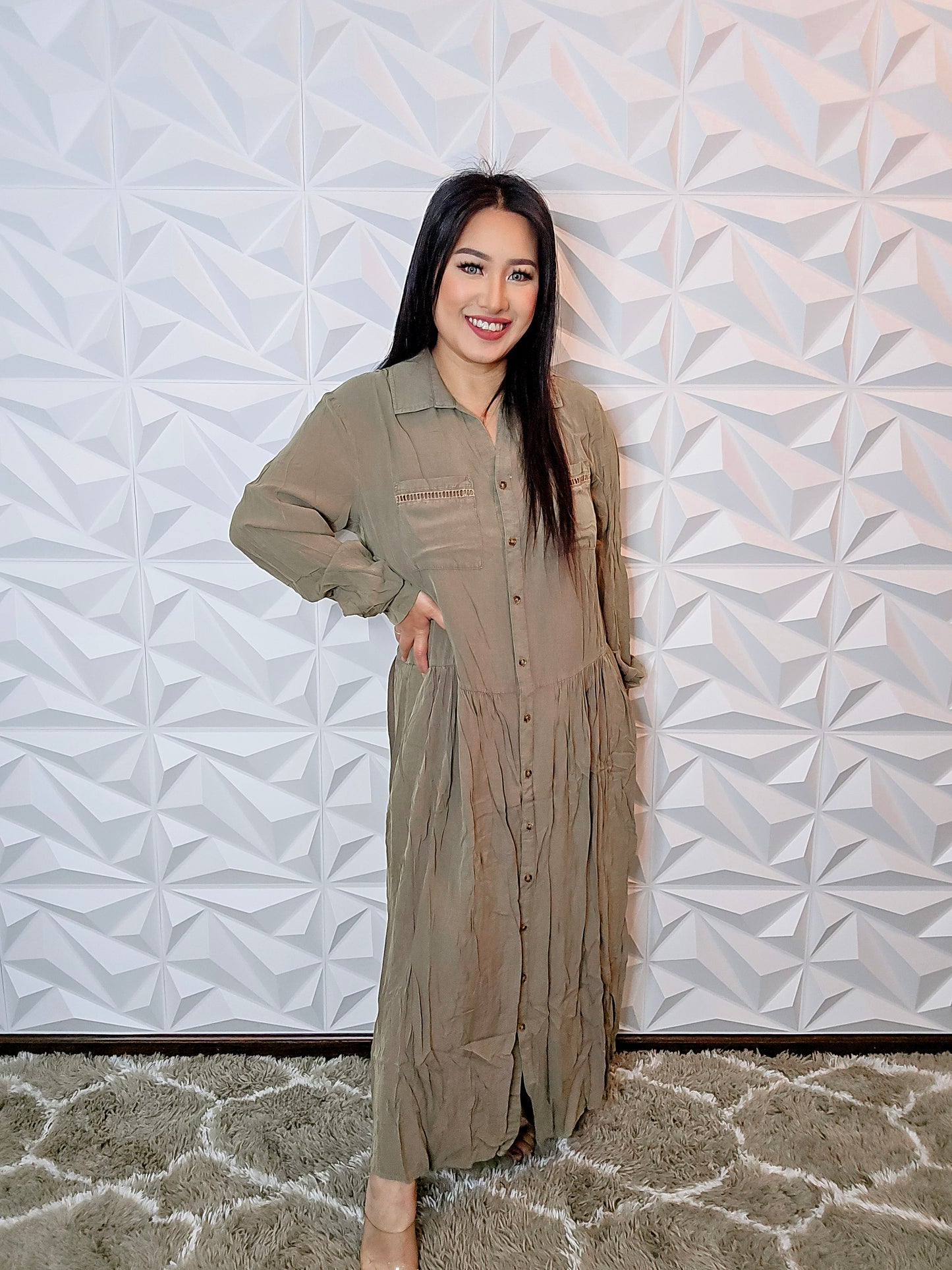 D392 - Long Sleeve Button Down Loose Midi Dress (OLIVE)